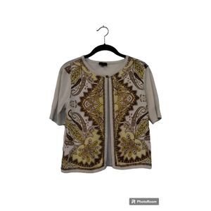 Talbots silk cream and yellow paisley one button cardigan short sleeve sweater